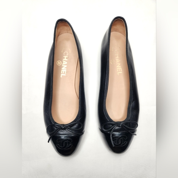 CHANEL Black Cambon Leather Ballet Flats Bow CC Logo Classic Ballerina Size 37.5 - Picture 4 of 15
